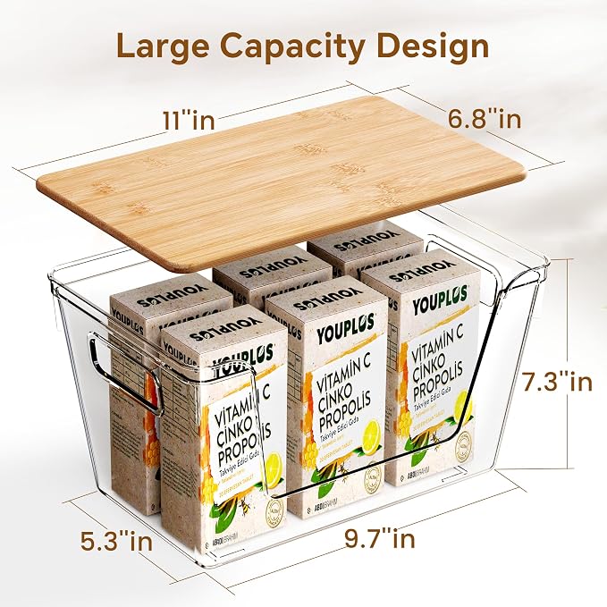 3 Set Pantry Organizers and Storage with Bamboo Lids, Stackable Clear Bins for Onion, Potato, Fruit, Vegetables, Trash Bag Dispenser, Kitchen and Under Sink Organizer