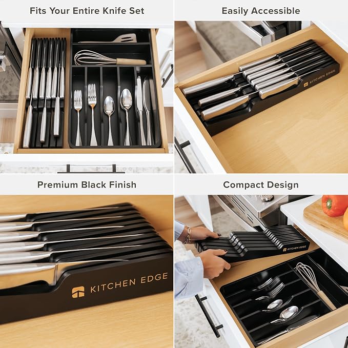 KitchenEdge Black Knife Drawer Organizer Insert - Knife Block Holder, Holds 5 Long + 6 Short Knives (Not Included), Fits Most Sizes, Non-Slip Feet, 100% Sustainable Bamboo, Food-Safe Black Finish