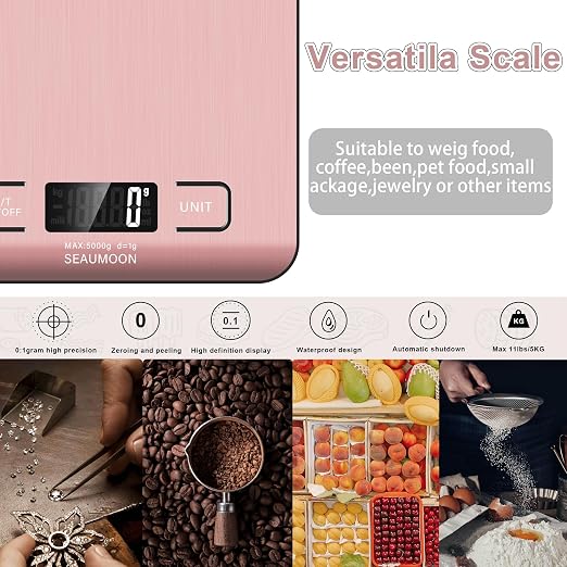 Food Scale Kitchen-Scale 11lb/5kg Food Scale for Kitchen Stainless Steel LCD Display Tare Function (g/oz/ml) for Meal Prep Coffee (Batteries Included) Pink