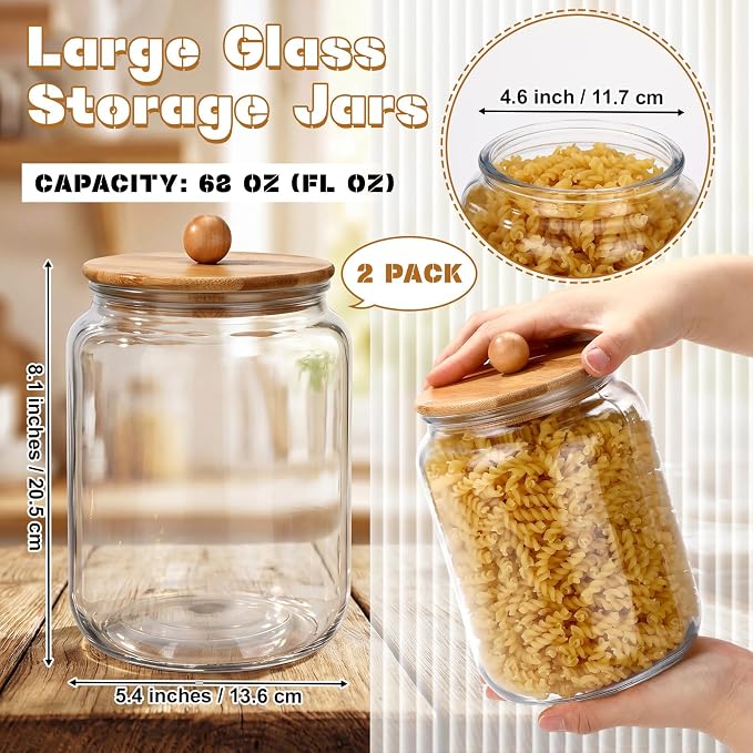 2 Pack 68 oz Glass Storage Jars with Airtight Knob Bamboo Lid Thick Food Canister with Seal Clear Food Storage Container for Kitchen Flour Sugar Cookies Coffee Bean Pantry Organization