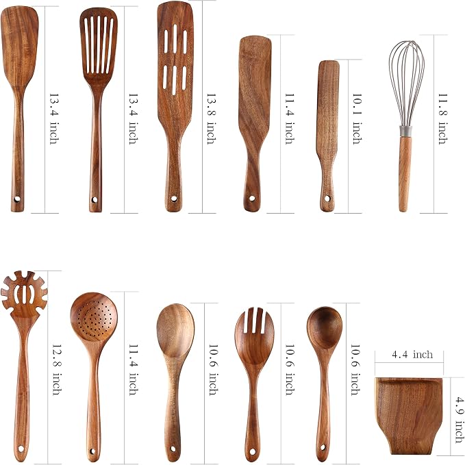 Kitchen Utensils Set, NAYAHOSE 12 Pcs Teak Wooden Cooking Spoons Spatula Spurtles Kit with Spoon Rest Whisk, Non-stick Natural Kitchen Tools