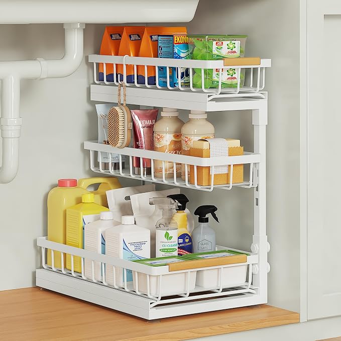 Under Sink Organizer and Storage for Bathroom and Kitchen - 1 Pack 3 Tier | Cabinet Pull Out Shelf Organizers - Slide Out Drawer Organization for Home Cabinets Shelves and Drawers
