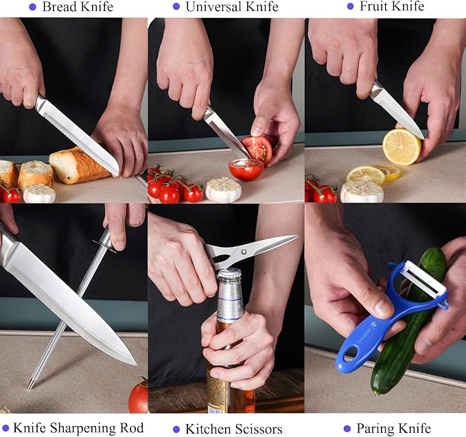 Kitchen Knife Set, 9Pcs Blue Knife Set with Rotation Block, Ergonomical Handle,Non Stick Sharp Stainless Steel Chef Knife Block Set for Home Cooking Gift