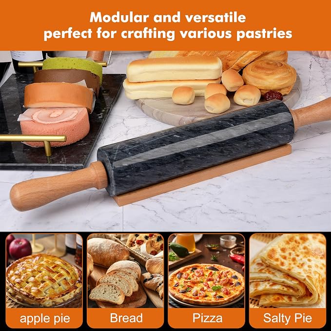 18.5 inches Marble Rolling Pin,Large Non-Stick Dough Roller,for making pizza, cookies,pie crusts, and pasta.with Silicone Pastry Mat,Stainless Steel Scraper,and Small Wooden Roller Pin(Black)