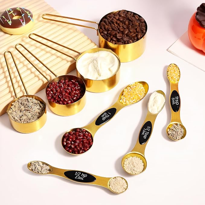13pcs Gold Stainless Steel Measuring Cups and Spoons Set, Including 8 Double-Sided Magnetic Measuring Spoons Set & 1 Leveler, 4 Metal Measuring Cups, Kitchen Accessroies for Cooking & Baking