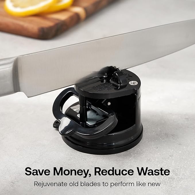 AnySharp – Global – Hands Free Knife Sharpener - Easy to Use Sharpening Tool with PowerGrip Suction Base and 20-Degree Pre-Set Angle - for All Knives: Chef's, Serrated, and Hardened Steel - Black