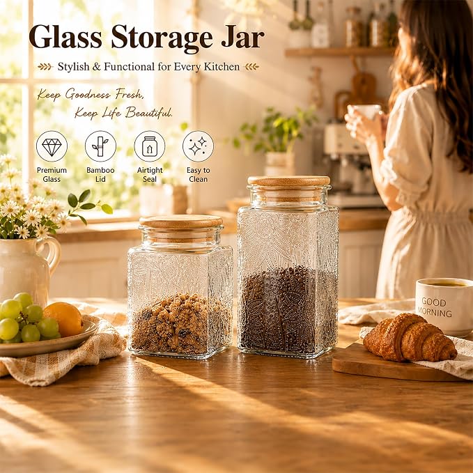 Glass Storage Jars With Airtight Lid, 23.7oz Canister For Kitchen Counter with Bamboo Lid, brown sugar, candy, coffee, cookie, salt, tea,pantry cute Jar (Square Sunflower)