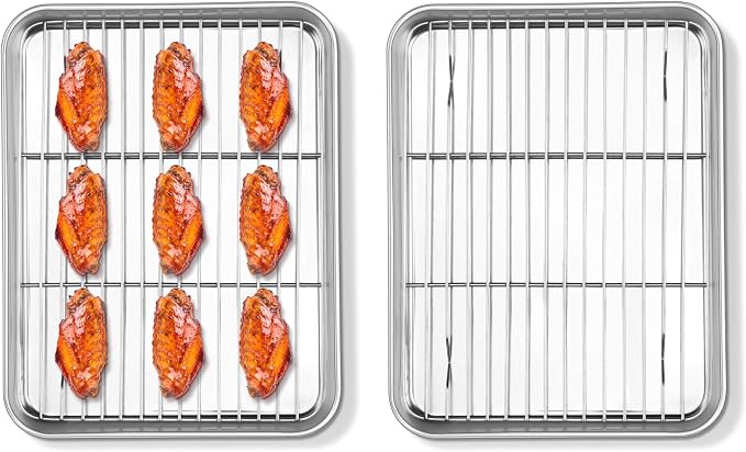 Homikit Small Baking Sheet with Rack Set for Toaster Oven (2 Pans+2 Racks) | 10.4x8 Inch Stainless Steel Cookie Pans with Wire Cooling Racks Set, Metal Bacon Crisp Trays Non Toxic, Dishwasher Safe