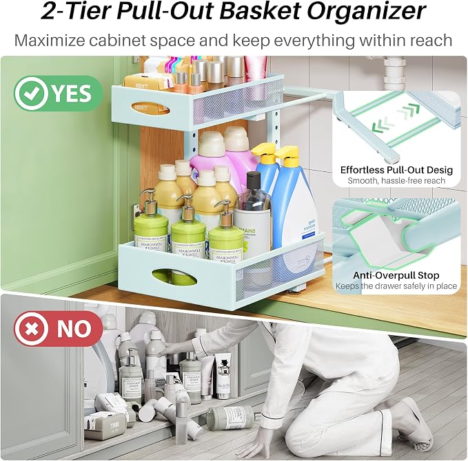 Under Sink Organizer, 2-Pack Pull Out Cabinet Organizer 2 Tier Metal Slide Out Storage Shelf Rack, L-Shaped Adjustable Height,Mesh Sliding Drawer for Kitchen, Bathroom, Laundry, Pantry, Blue, XL