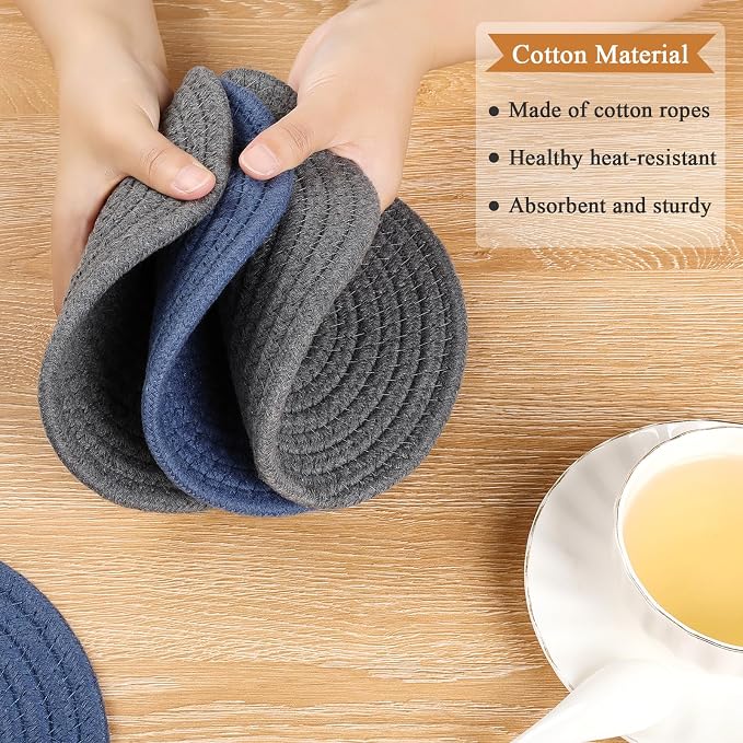 SHACOS 8 Inch Trivets for Hot Dishes, 4 Pcs Cotton Trivets Mats for Kitchen, Hot Pads for Countertops and Table, Heat-Resistant Pot Holders for Hot Pots and Pans(Blue+Dark Grey) (Pack of 2)