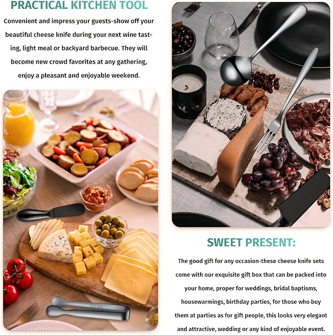 Patelai Charcuterie Board Accessories Cheese Spreader Knife Set Charcuterie Utensils Butter Knife Stainless Steel Mini Serving Tongs Spoons Appetizer Forks for Pastry(Black,20 Pieces)
