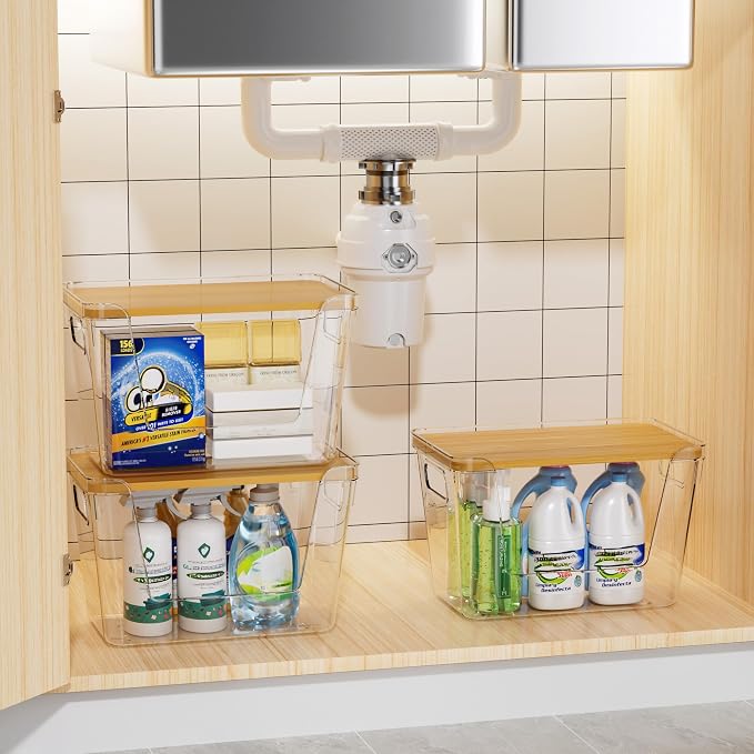 Delamu 2 Pack Trash Bag Dispenser, Stackable Garbage Bag Holder | Clear Acrylic Organizer Bins for Under Sink Organization, Pantry Storage, Cabinet, Kitchen, Laundry, Bathroom