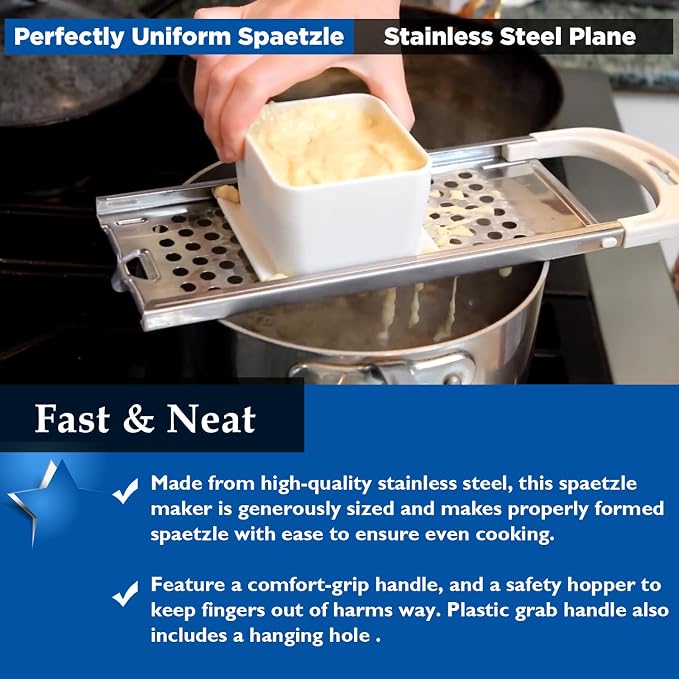 Premium Grade Stainless Steel Spaetzle Maker with Safety Pusher, Stainless Steel Spider Strainer Skimmer Spoon Pasta Strainer, Homemade Traditional German Egg Noodle Dumpling Making Tool Set