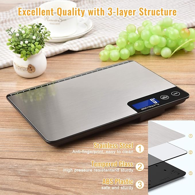 Diyife 33lb Digital Kitchen Scale with Large Weighing Area (9 in) | Professional Food Scale, Stainless Steel Household Scale, Touch Control, LCD Display, Hangable, 6 Units, Tare, with Batteries