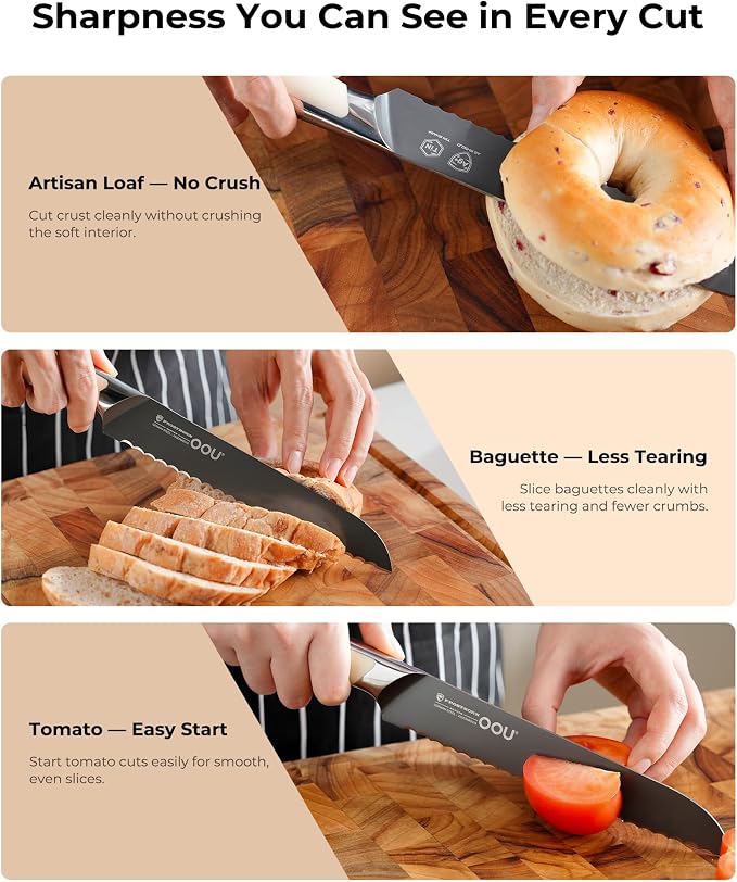 OOU 8 Inch Bread Knife, German 1.4116 Stainless Steel Kitchen Knife, Gunmetal Blade with AgShield & TinSharp Finish, Balanced ABS Handle, Serrated Bread Knife for Clean, Controlled Slicing