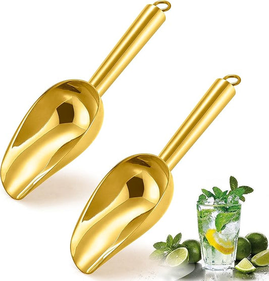 Herogo 3oz Mini ice Scoop Set of 2, Small Stainless Steel Scooper for Candy/Flour/Bean/Pet Food/ Ice Cube, Metal Utility Scoops for Kitchen Bar Party Wedding, Dishwasher Safe & Heavy Duty, Gold