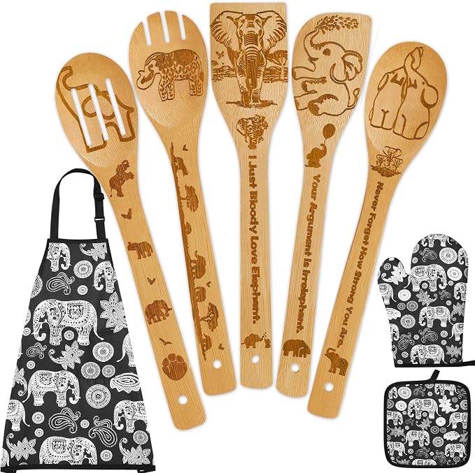 Elephant Gifts for Women,8pcs Elephants Bamboo Cooking Utensil Spoons with Apron Oven Mitt Potholder,Personalized Elephant Gift for Mom,Housewarming Kitchen Decor,Easter,Birthday,Fathers Day