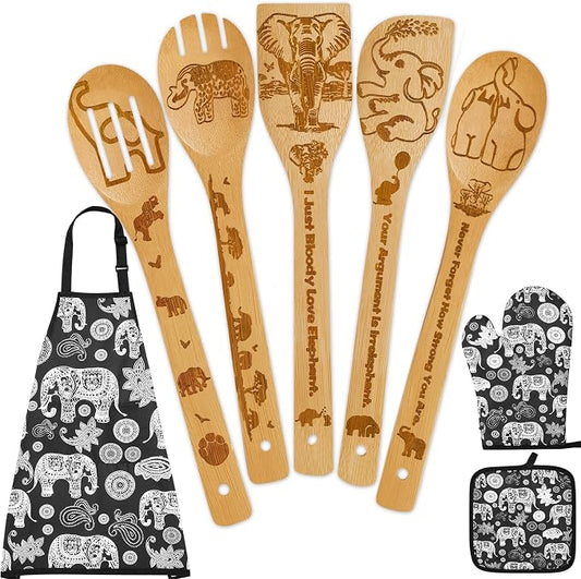 Elephant Gifts for Women,8pcs Elephants Bamboo Cooking Utensil Spoons with Apron Oven Mitt Potholder,Personalized Elephant Gift for Mom,Housewarming Kitchen Decor,Easter,Birthday,Fathers Day