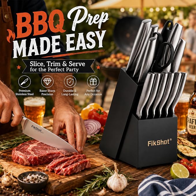 FIKSHOT Kitchen Knife Set, German Stainless Steel kitchen knives – Includes Knife Block Set & Sharpener, High Carbon, Rust-Resistant, Ergonomic Handle for Cooking, Grilling & Gifting
