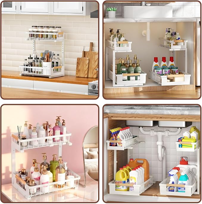 2 Pack Under Sink Organizer, 2 Tier Pull Out Cabinet Organizer with 5-Level Adjustable Height, Sliding Metal Storage Rack for Kitchen Bathroom Pantry, White
