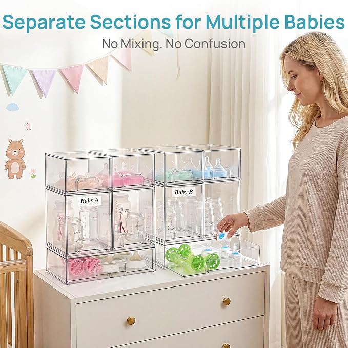 Vtopmart Clear Stackable Storage Drawers Set of 10, Baby Bottle Organizer | Multi-purpose Boxes for Bathroom Accessories, Beauty Supplies, Ideal for Kichen Countertop, Bathroom, Pantry Organization