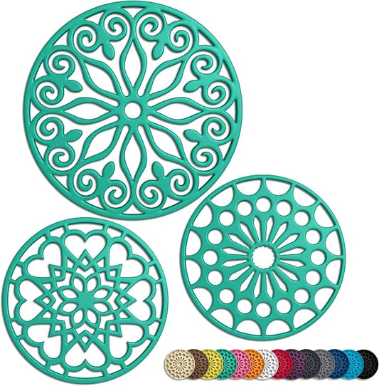 3 Set Silicone Trivet Mats with 1 Extra Large Included | Intricately Carved Insulated Flexible Durable Non Slip Thick Round Premium Trivets for Hot pots and Pans | Mint Green