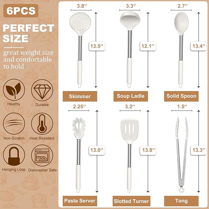 LIANYU Silicone Cooking Utensils Set, 6 Piece Kitchen Cooking Utensils Set, Heat Resistant Kitchen Spatula Gadgets Tools for Nonstick Cookware, Stainless Steel Handle, Dishwasher Safe, White