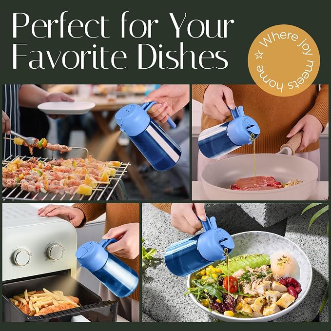 YARRAMATE 16oz/470ml Light-Blocking Dark Oil Sprayer for Cooking (Skyblue) | 2 in1 Olive Oil Dispenser Bottle for Kitchen, Premium Blue Glass Oil Bottle, Food-Grade Oil Mister for Air Fryer, BBQ