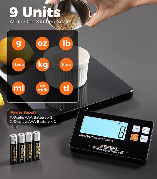 Atogou Wireless Kitchen Scale, 22lb/10kg Food Scale with Detachable Display | 0.01oz/1g Precision, Larger Platform, 9 Units, Counting Function, Stainless Steel, for Cooking, Baking, Shipping, Black