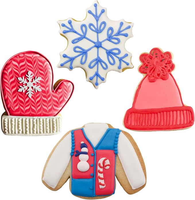 Ann Clark Winter and Christmas Cookie Cutters 4-Pc Set (Snowflake, Sweater, Mitten, Winter Hat) Made in USA