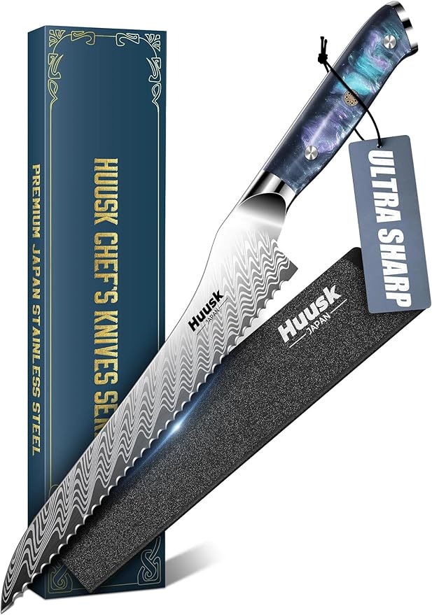 Huusk Serrated Bread Knife 8", Stainless Sourdough Bread Knife with Resin Handle & Cover for Homemade Breads Slicing, Hand Sharpened Breads Cutting Knives for Cake, Bagels, Baguettes, Gift Box