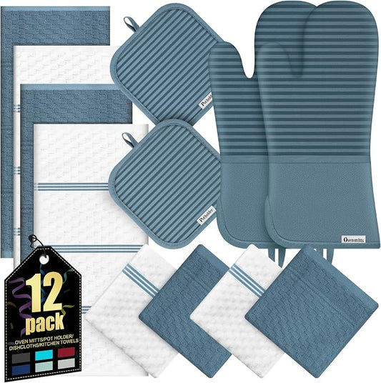 Oven Mitts Kitchen Towels and Dishcloths with Pot Holders Sets, Oven Gloves Hot Pads 500°F Heat Resistant with Silicone Grip, Include 2 Cooking Gloves/2 Potholders/4 Kitchen Towels/4 Dish Towels