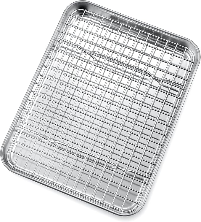 P&P CHEF 10.4 Inch Toaster Oven Pan Tray with Wire Rack, 2 PCS | Baking Sheet Pan + Cooling Rack for Cooking/Roasting, Dishwasher Safe & Rust Free, Non-toxic & Sturdy