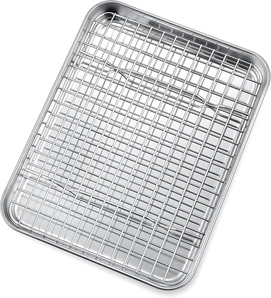 P&P CHEF 10.4 Inch Toaster Oven Pan Tray with Wire Rack, 2 PCS | Baking Sheet Pan + Cooling Rack for Cooking/Roasting, Dishwasher Safe & Rust Free, Non-toxic & Sturdy