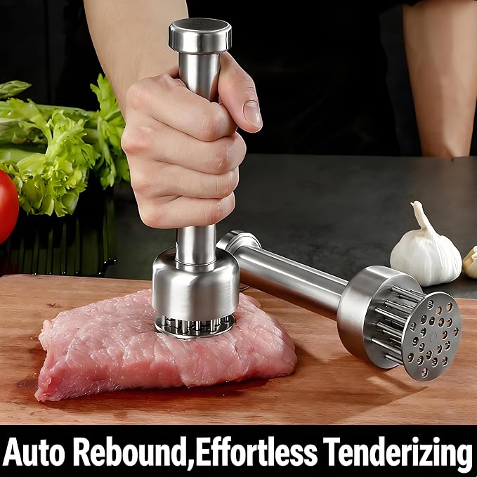 Meat Tenderizer with 21 Sharp Needles, Heavy-Duty Meat Tenderizer Tool with Auto-Rebound Safety Guard, Dishwasher Safe, Includes Cleaning Brush, Silver,304SS