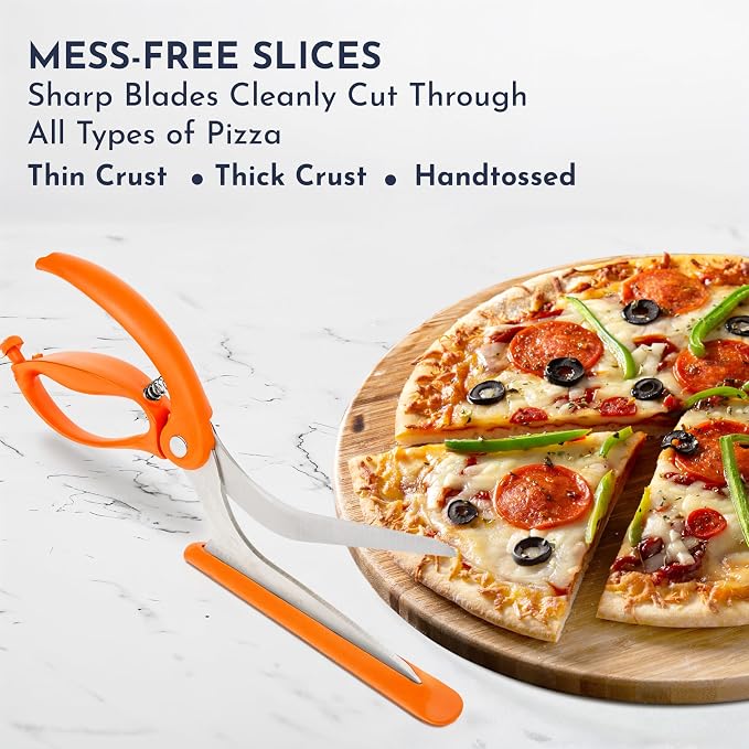 Pizza Scissors - Non-Stick Pizza Scissors with Firm Grip Base - Food Grade Stainless Steel Pizza Cutter - 5-in-1 Food Slicer & Pizza Server - Durable, Safe & Mess Free - Orange