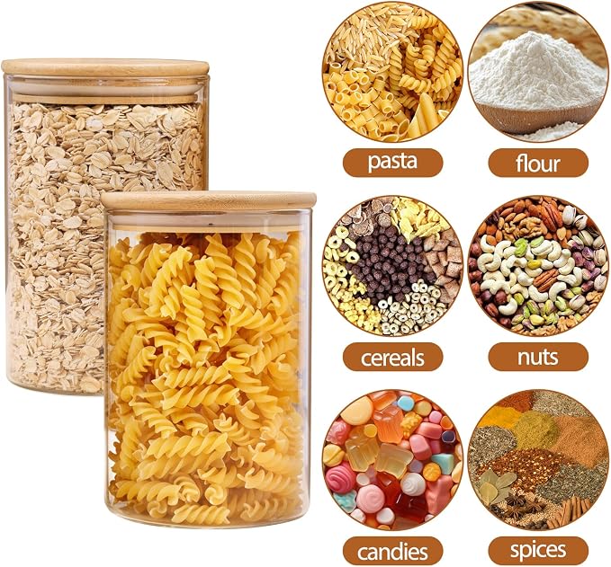 6pcs Glass Food Storage Containers with Bamboo Lids, 1qt Glass Jars | Airtight Pantry Storage Jars for Flour, Sugar, Dry Goods
