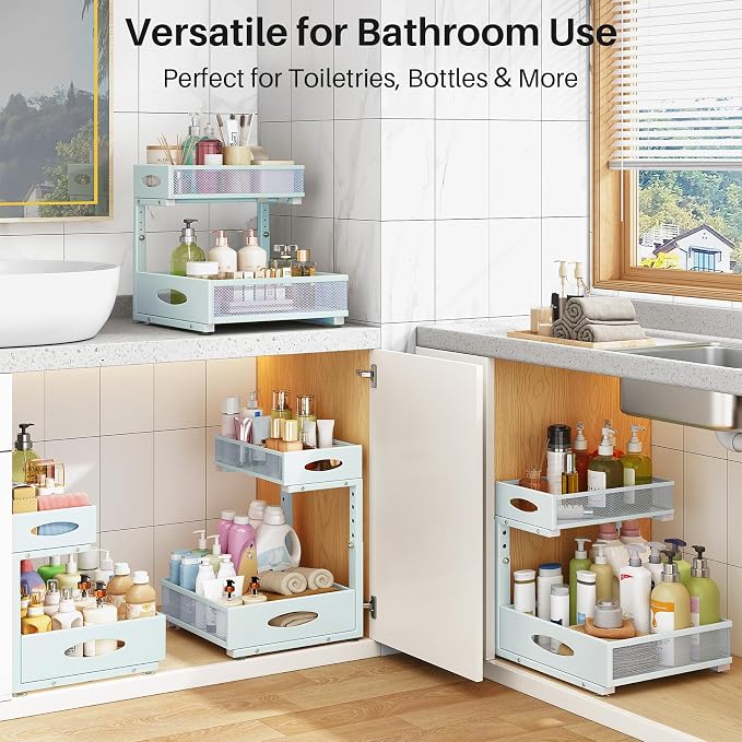 Under Sink Organizer, 2 Pack 2 Tier Pull Out Under Cabinet Organizer Shelf with Pad for Framed Cabinets, Metal Slide Out Under Sink Storage, Mesh Sliding Drawers for Kitchen Bathroom Laundry, Blue