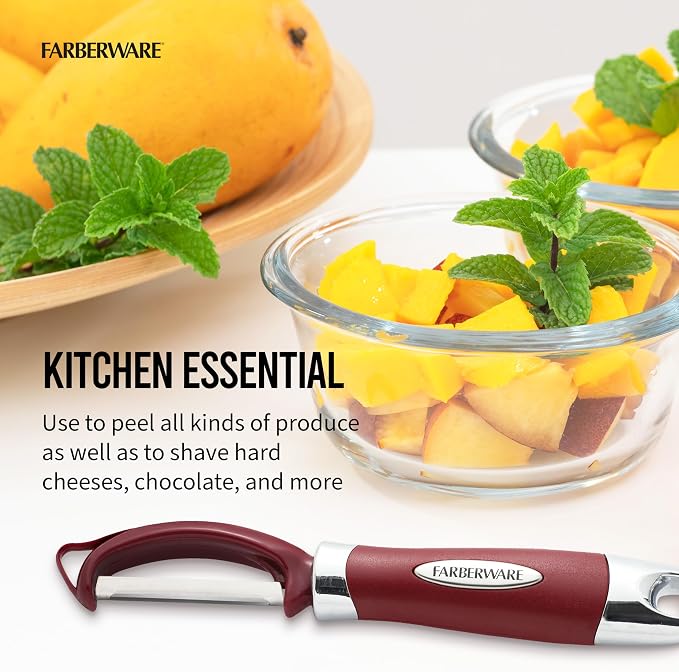 Farberware Professional Euro Vegetable Peeler with Ergonomic Handle, Razor-Sharp Swivel Blade, Red - Dishwasher Safe Potato Peeler for Kitchen, Fruits, Vegetables, and Cheese
