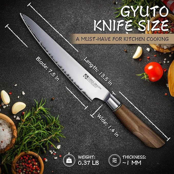 Purple Dragon Gyuto Chef Knife 7.5 Inch, German Vg10 Steel Ultra Sharp Kitchen Knife for Cutting Slicing, Meat Cleaver, Ergonomic Wooden Handle Christmas Gift for Men and Women