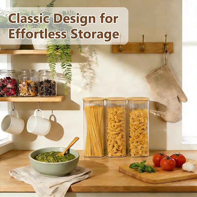 KEYWING 72oz Glass Spaghetti Pasta Storage Containers with Lids, 3 Pack | Tall Square Glass Canisters for Pantry Organization, Ideal for Flour, Cereal, Sugar, Beans and Various Dry Food Ingredients