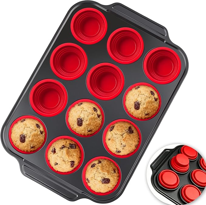 Silicone Muffin Pan for Baking with Metal Reinforced Frame - 12 Cups Regular Size Cupcake Pan Muffin Tins Egg Bite Molds - Nonstick, Easy to Pop, Bakeware for Oven, BPA Free (12-Cups Red)