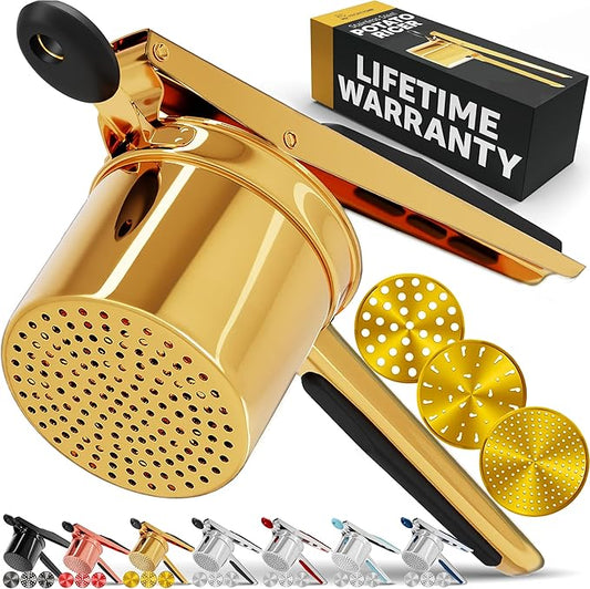 PriorityChef Large 15oz Potato Ricer With 3 Discs, Heavy Duty Stainless Steel Potato Ricer for Mashed Potatoes, Potato Masher, Press and Ricer Kitchen Tool, Gold Steel Black Silicone