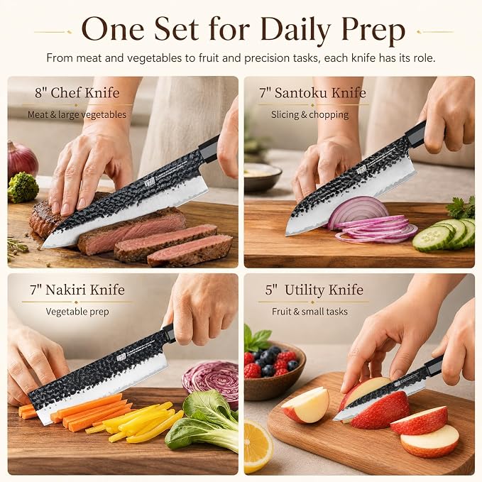 FINDKING Kitchen Knife Set with Individual Wooden Blocks, 4 Japanese Knives with Walnut Edge Guards, High Carbon Steel Blades, for Meat, Fruits, Vegetables, Dynasty Series