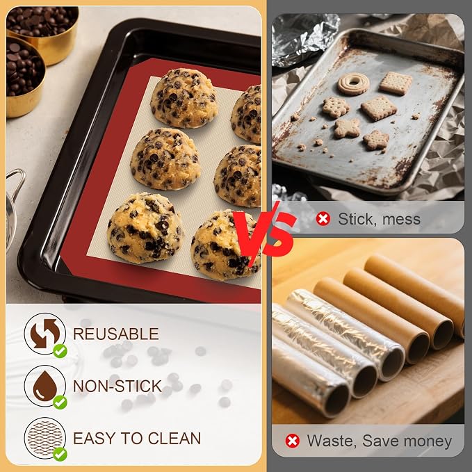 HOTEC Silicone Baking Mats 3 Pack – Thickened Non-Stick Reusable Silicone Baking Sheets for Oven – Cookie & Macaron Mats – 2 Half Sheet + 1 Quarter Sheet – BPA-Free, Dishwasher Safe