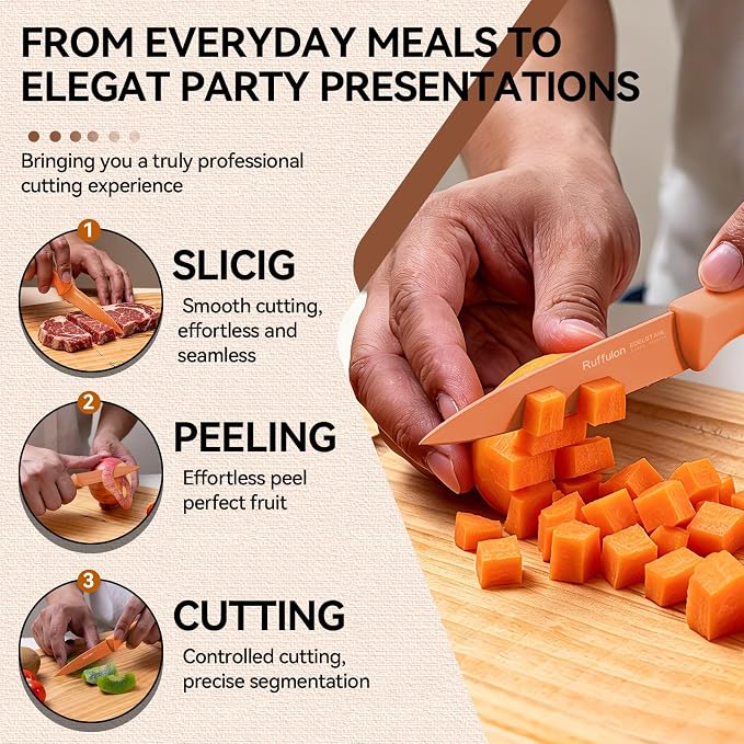 Paring Knife set of 4, 3.5-inch Orange Stainless Steel Peeler. | Straight blade with pointed tip design PP plastic ergonomic handle Specifically designed for cutting fruits and vegetables