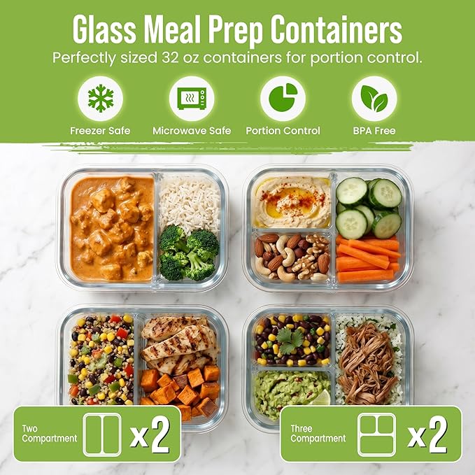 Glass Meal Prep Containers 2 and 3 Compartments, Leak-Proof, 32 oz, 4 Pack | Food Storage Bento Box, Lunch Containers Set, Snack Boxes, Portion Control, Dishwasher Oven Freezer Safe, Airtight Lids Blue