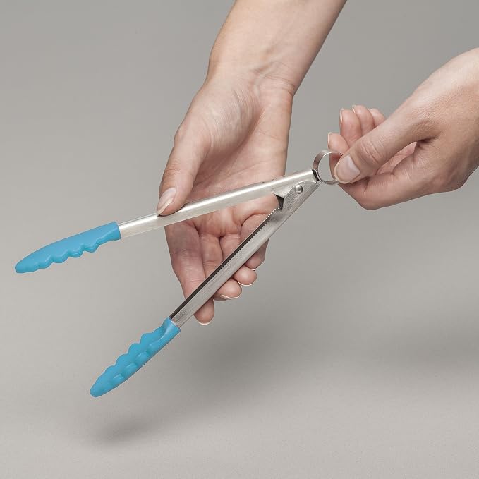 Zeal Silicone Mini Kitchen Cooking Tongs with Stainless Steel Handle – Perfect for Cooking, Grilling, BBQ, Air Fryer, and More, Heat-Resistant, BPA-Free, and Easy-to-Clean, 20cm, Aqua Blue