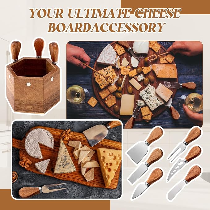 Hushee 6 Pcs Cheese Knives with Holder Charcuterie Serving Knife Set with Magnetic Wooden Box Mini Steel Stainless Cheese Knife Spreader Slicer Fork Set for Charcuterie Board