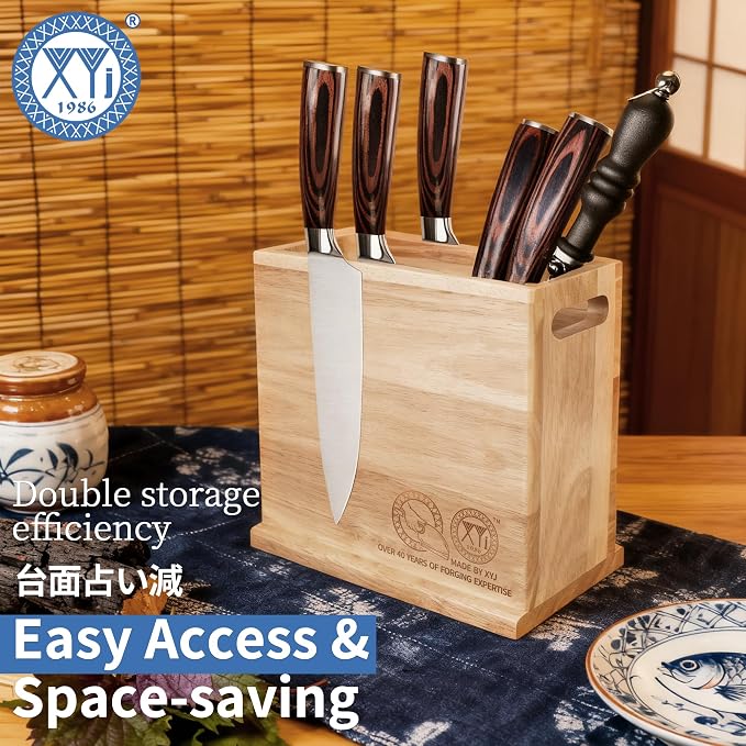 XYJ Magnetic Knife Block, Double Side Magnets, Natural Wood, Large Capacity Kitchen Storage for Knives and Utensils, Knife Holder Organizer Rack Tool without Knives